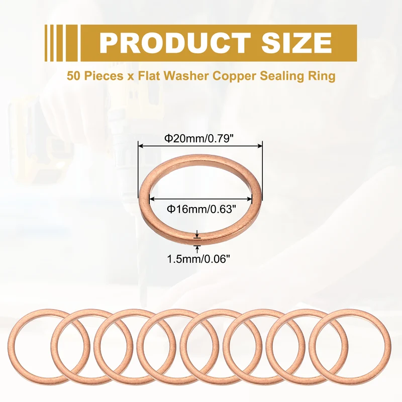 M16 Copper Washer Sealing Ring, 50 Pieces 16mm ID 20mm OD 1.5mm Thickness Metric