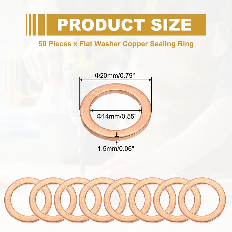 M14 Copper Washer Sealing Ring, 50 Pieces 12mm ID 20mm OD 1.5mm Thickness Metric