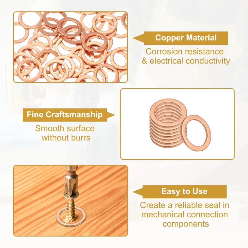 M14 Copper Washer Sealing Ring, 50 Pieces 12mm ID 20mm OD 1.5mm Thickness Metric