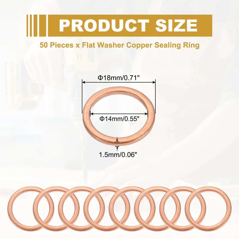 M14 Copper Washer Sealing Ring, 50 Pieces 12mm ID 18mm OD 1.5mm Thickness Metric