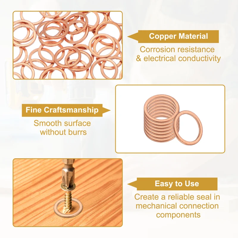 M14 Copper Washer Sealing Ring, 50 Pieces 12mm ID 18mm OD 1.5mm Thickness Metric
