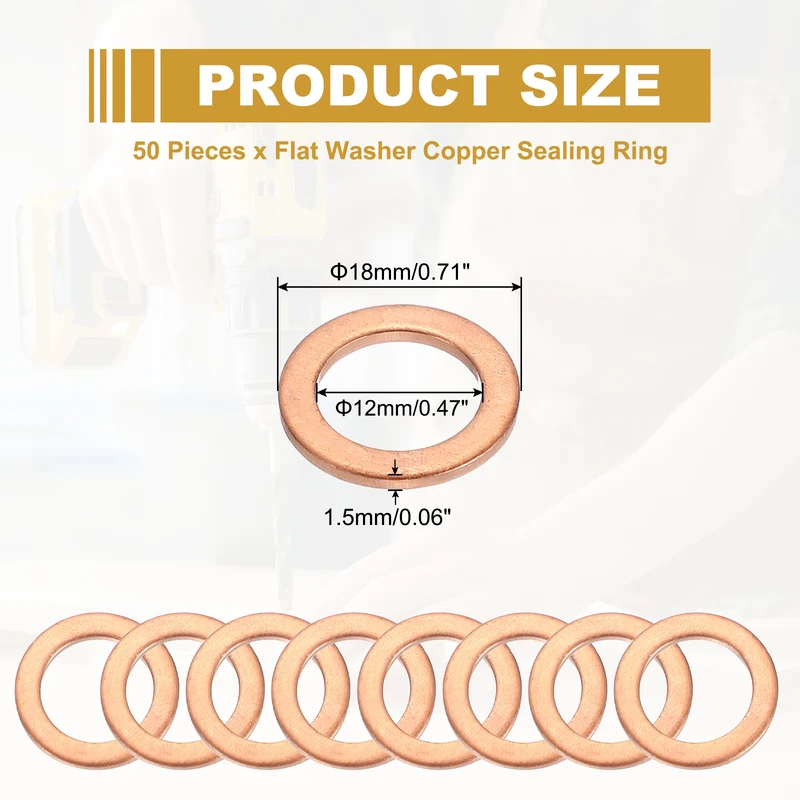 M12 Copper Washer Sealing Ring, 50 Pieces 12mm ID 18mm OD 1.5mm Thickness Metric
