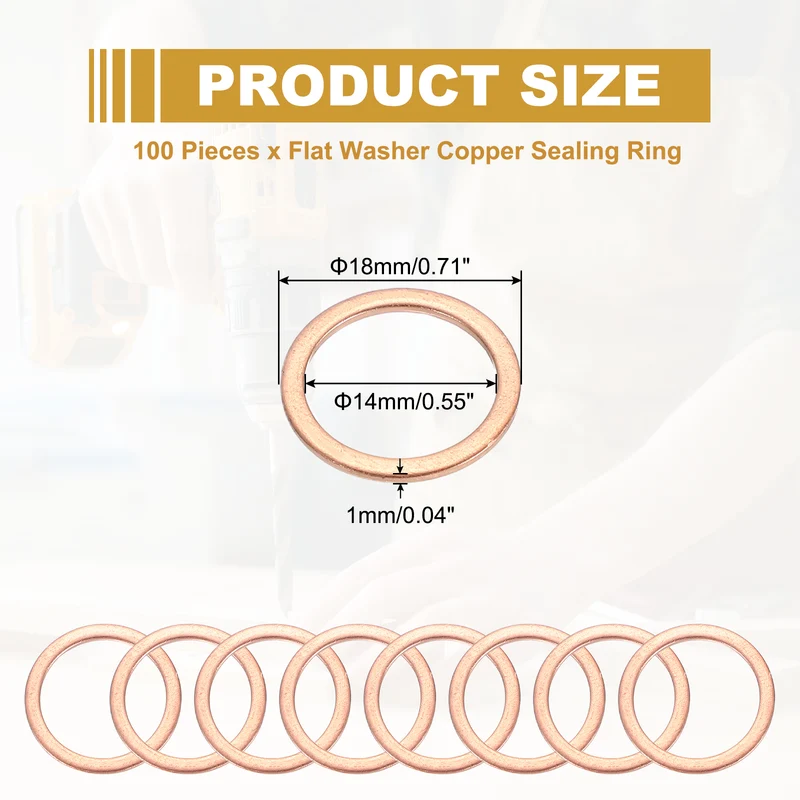 M14 Copper Washer Sealing Ring, 100 Pieces 14mm ID 18mm OD 1mm Thickness Metric