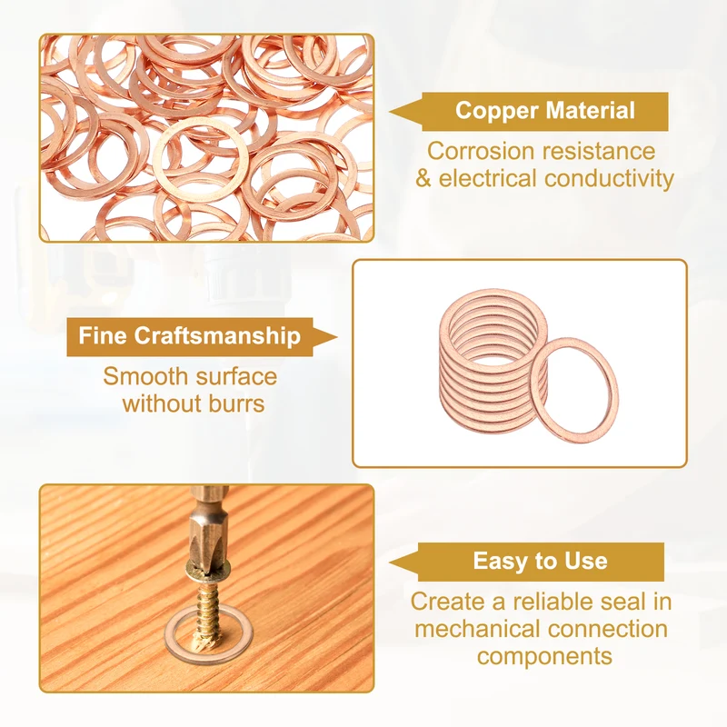 M14 Copper Washer Sealing Ring, 100 Pieces 14mm ID 18mm OD 1mm Thickness Metric