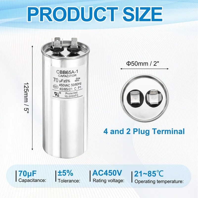 1 Pcs CBB65 Run Capacitor, Aluminum Case, 450V 70 F 5%