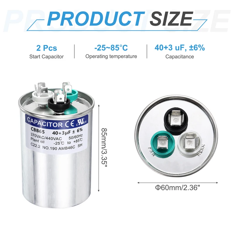 2Pcs 40+3MFD CBB65 Run Start Capacitor 40+3uF, 370/440V Round AC Capacitor