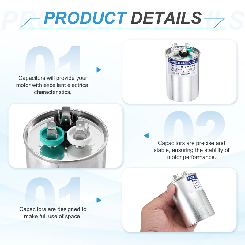 2Pcs 40+3MFD CBB65 Run Start Capacitor 40+3uF, 370/440V Round AC Capacitor