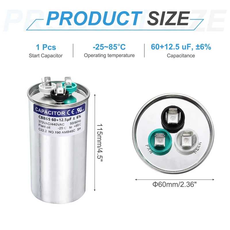 60+12.5MFD CBB65 Run Start Capacitor 60+12.5uF 370/440V Round AC Capacitor