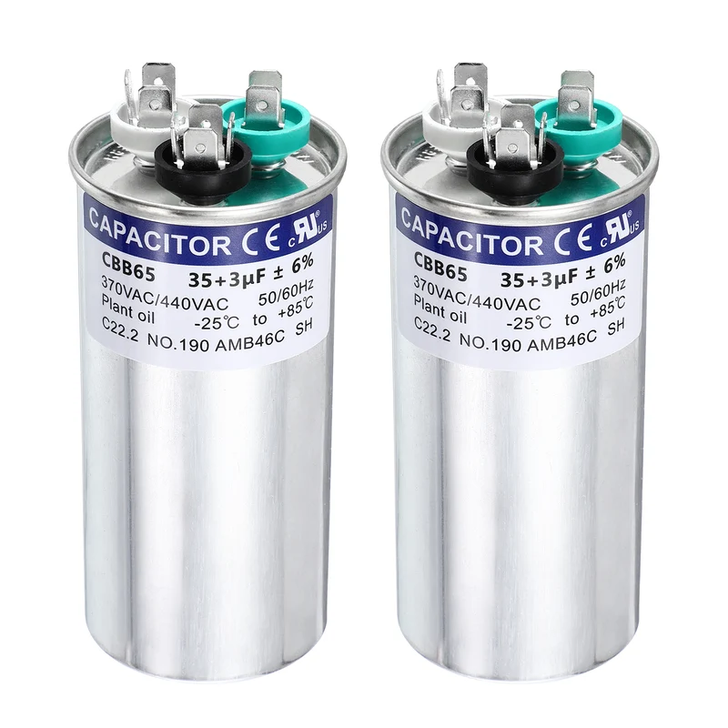 2Pcs 35+3MFD CBB65 Run Start Capacitor 35+3uF, 370/440V Round AC Capacitor