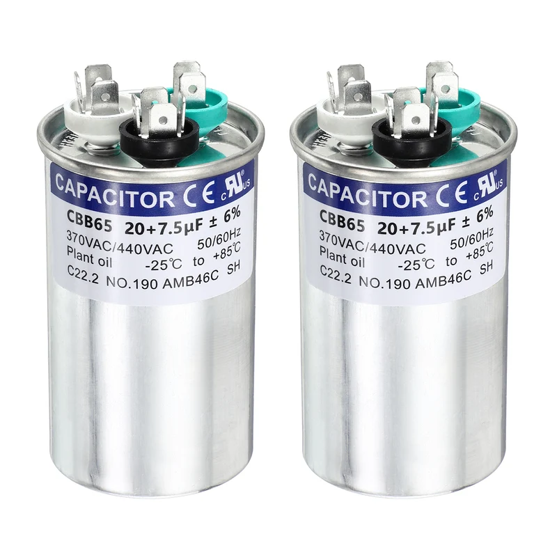 2Pcs 20+7.5MFD CBB65 Run Start Capacitor 20+7.5uF, 370/440V Round AC Capacitor