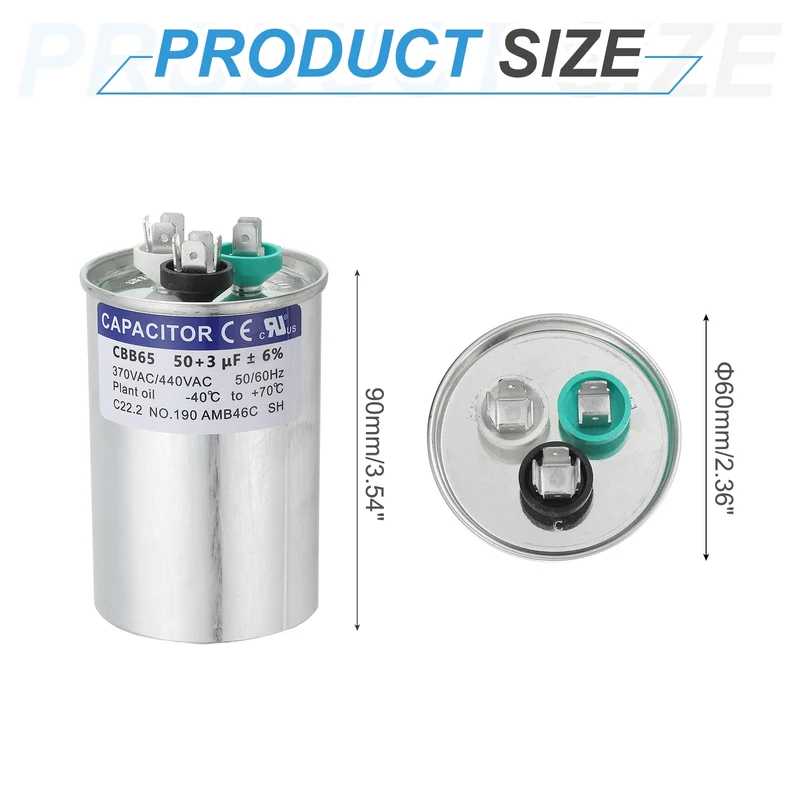 CBB65 Capacitor, 50+3uF 370-440 VAC 50/60Hz Aluminium Round Capacitor