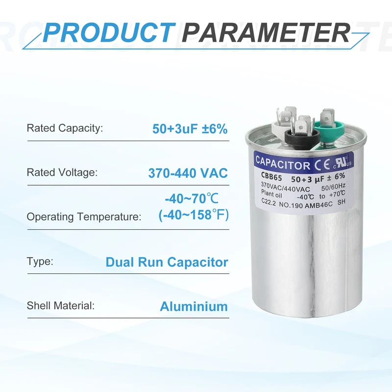 CBB65 Capacitor, 50+3uF 370-440 VAC 50/60Hz Aluminium Round Capacitor
