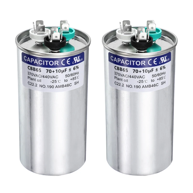 2Pcs 70+10MFD CBB65 Run Start Capacitor 70+10uF 370/440V Round AC Capacitor