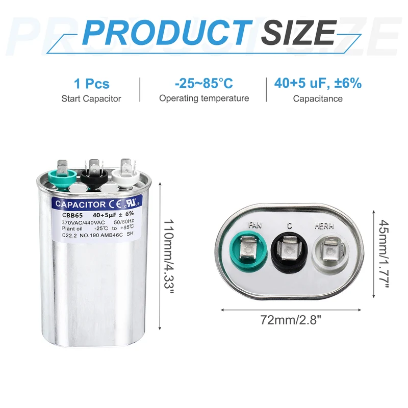 40+5MFD CBB65 Run Start Capacitor 40+5uF, 370/440V Oval AC Capacitor