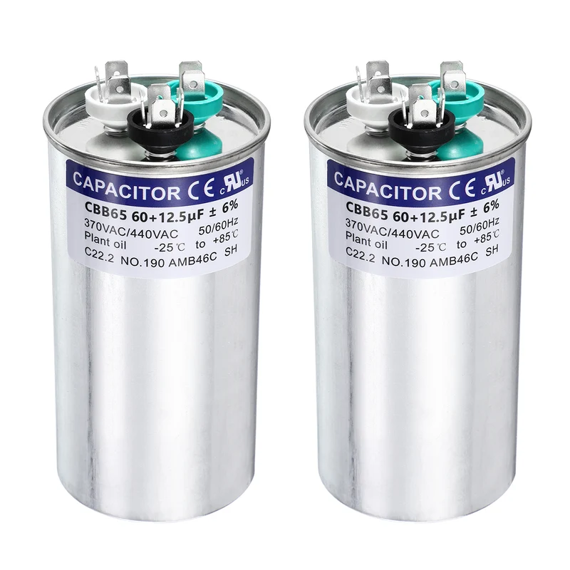 2Pcs 60+12.5MFD CBB65 Run Start Capacitor 60+12.5uF 370/440V Round AC Capacitor
