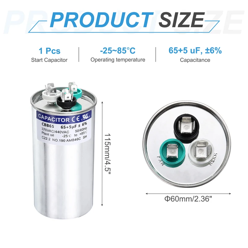 65+5MFD CBB65 Run Start Capacitor 65+5uF 370/440V Round AC Capacitor