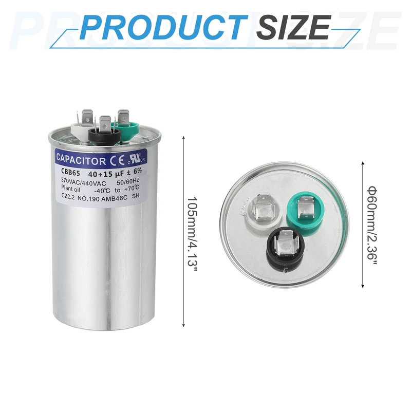 CBB65 Capacitor, 40+15uF 370-440 VAC 50/60Hz Aluminium Round Capacitor