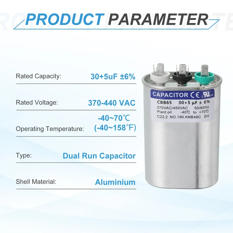 CBB65 Capacitor, 30+5uF 370-440 VAC 50/60Hz Aluminium Capacitor