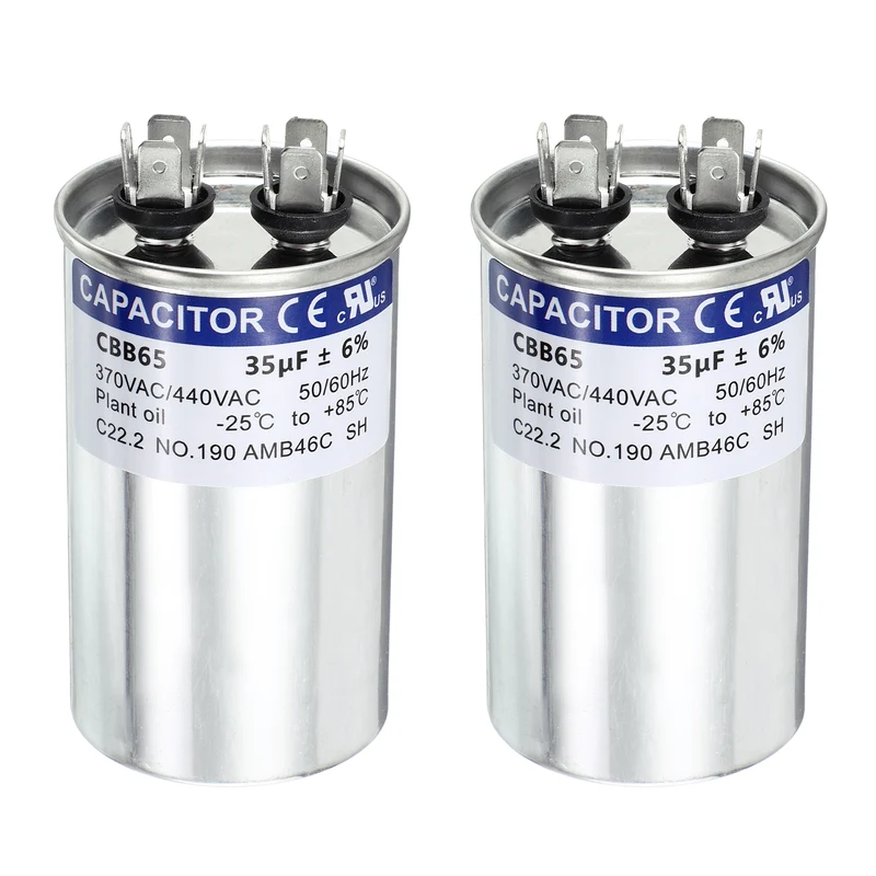 2Pcs 35MFD CBB65 Run Start Capacitor 35uF, 370/440V Round AC Capacitor