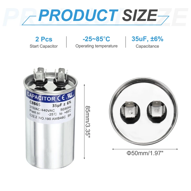 2Pcs 35MFD CBB65 Run Start Capacitor 35uF, 370/440V Round AC Capacitor