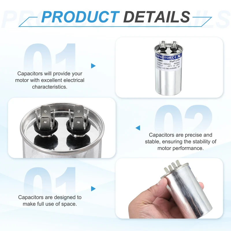2Pcs 35MFD CBB65 Run Start Capacitor 35uF, 370/440V Round AC Capacitor