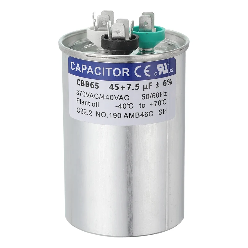 CBB65 Capacitor, 45+7.5uF 370-440 VAC 50/60Hz Aluminium Round Capacitor