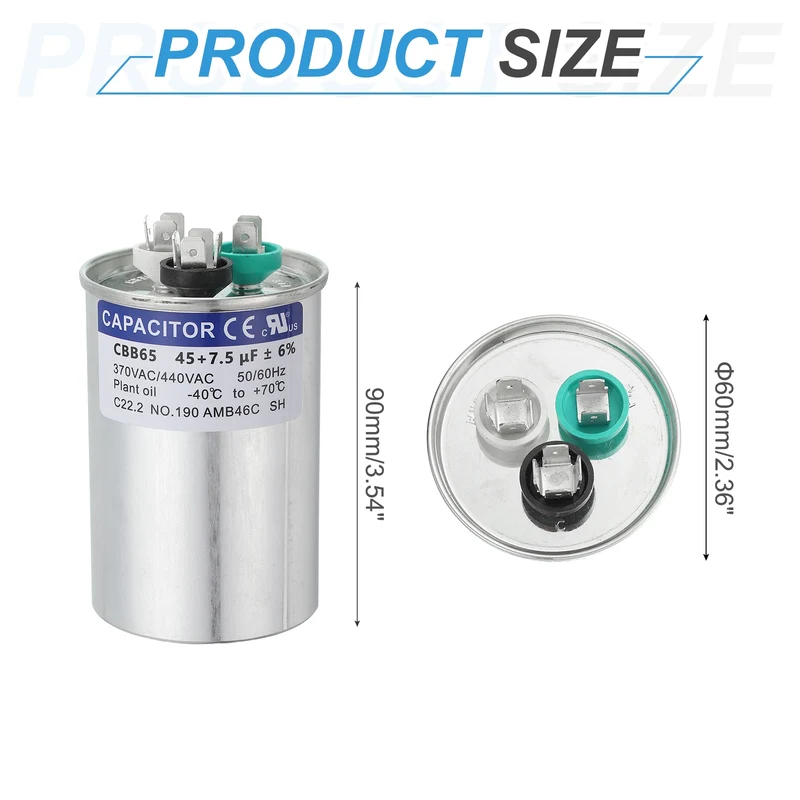 CBB65 Capacitor, 45+7.5uF 370-440 VAC 50/60Hz Aluminium Round Capacitor