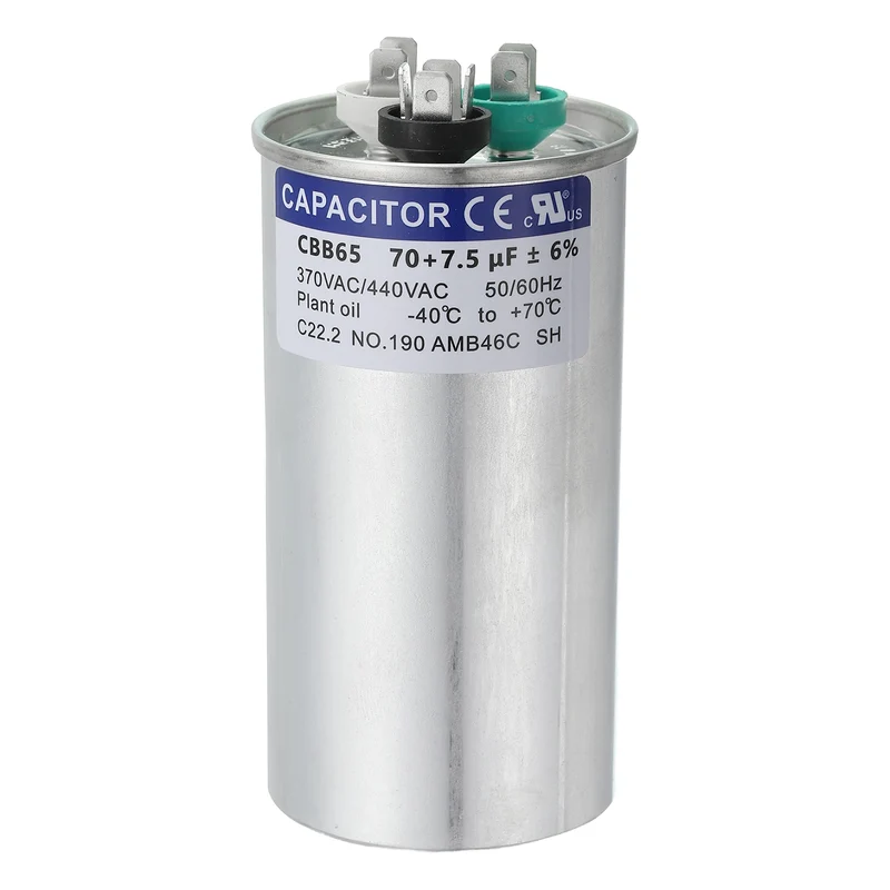 CBB65 Capacitor, 70+7.5uF 370-440 VAC 50/60Hz Aluminium Round Capacitor