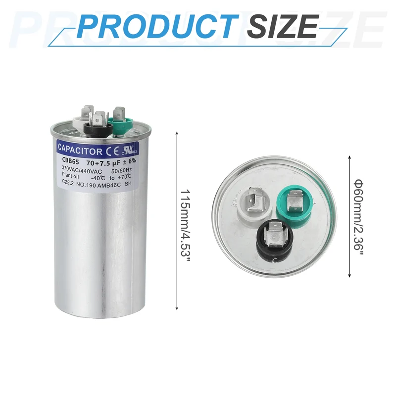 CBB65 Capacitor, 70+7.5uF 370-440 VAC 50/60Hz Aluminium Round Capacitor