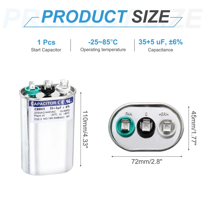 35+5MFD CBB65 Run Start Capacitor 35+5uF, 370/440V Oval AC Capacitor