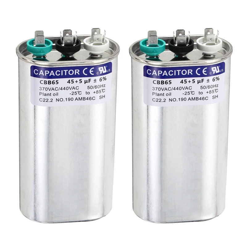2Pcs 45+5MFD CBB65 Run Start Capacitor 45+5uF 370/440V Oval AC Capacitor