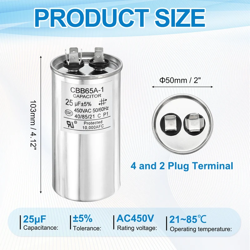 1 Pcs CBB65 Run Capacitor, Aluminum Case, 450V 25 F 5%