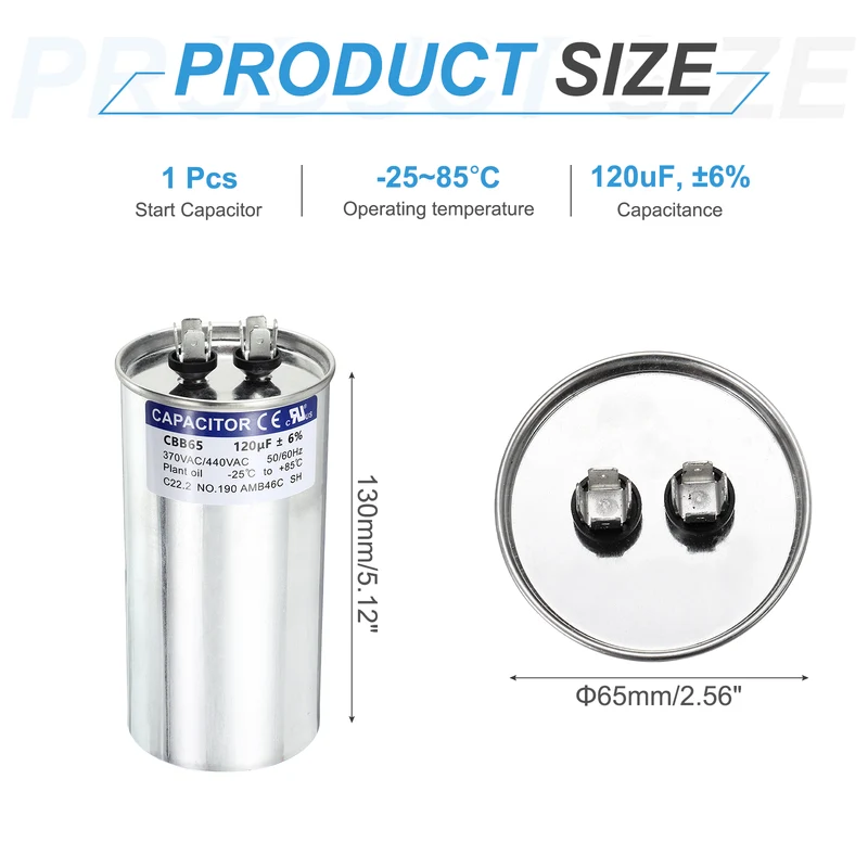 120MFD CBB65 Run Start Capacitor 120uF, 370/440V Round AC Capacitor