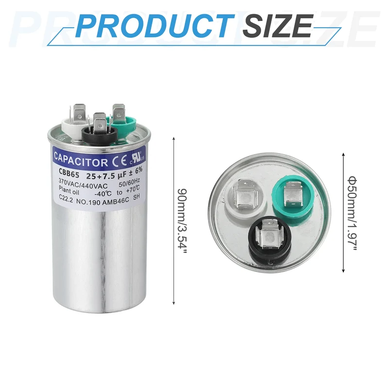 CBB65 Capacitor, 25+7.5uF 370-440 VAC 50/60Hz Aluminium Round Capacitor
