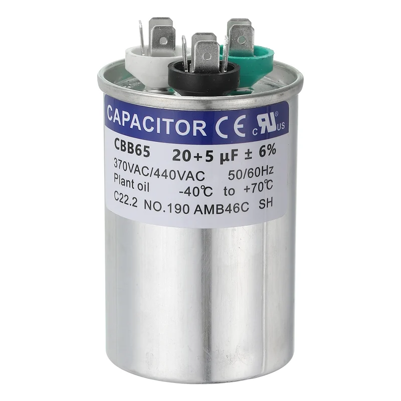 CBB65 Capacitor, 20+5uF 370-440 VAC 50/60Hz Aluminium Round Capacitor