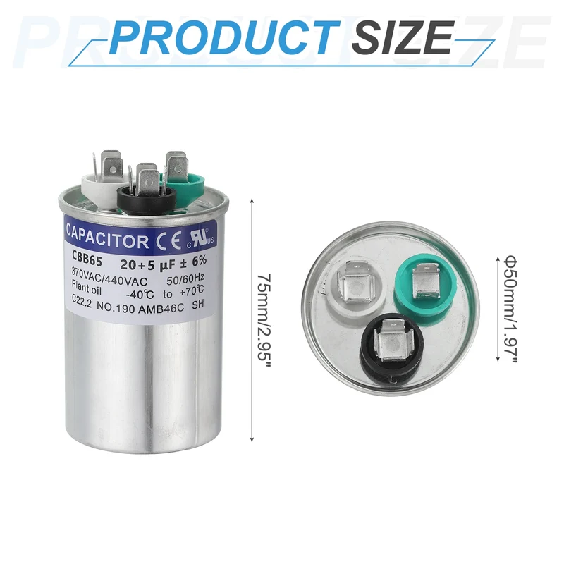 CBB65 Capacitor, 20+5uF 370-440 VAC 50/60Hz Aluminium Round Capacitor