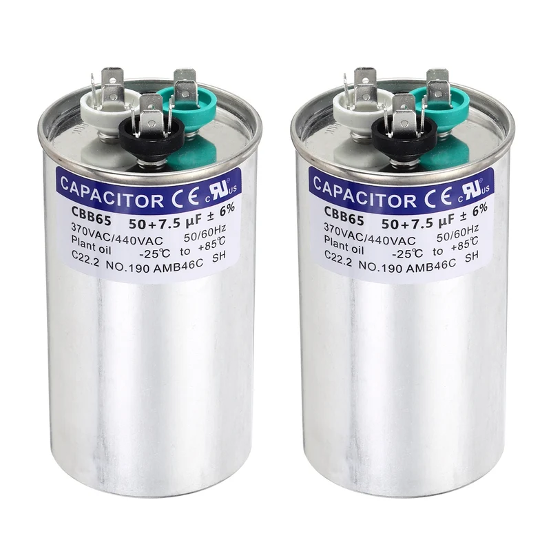 2Pcs 50+7.5MFD CBB65 Run Start Capacitor 50+7.5uF 370/440V Round AC Capacitor