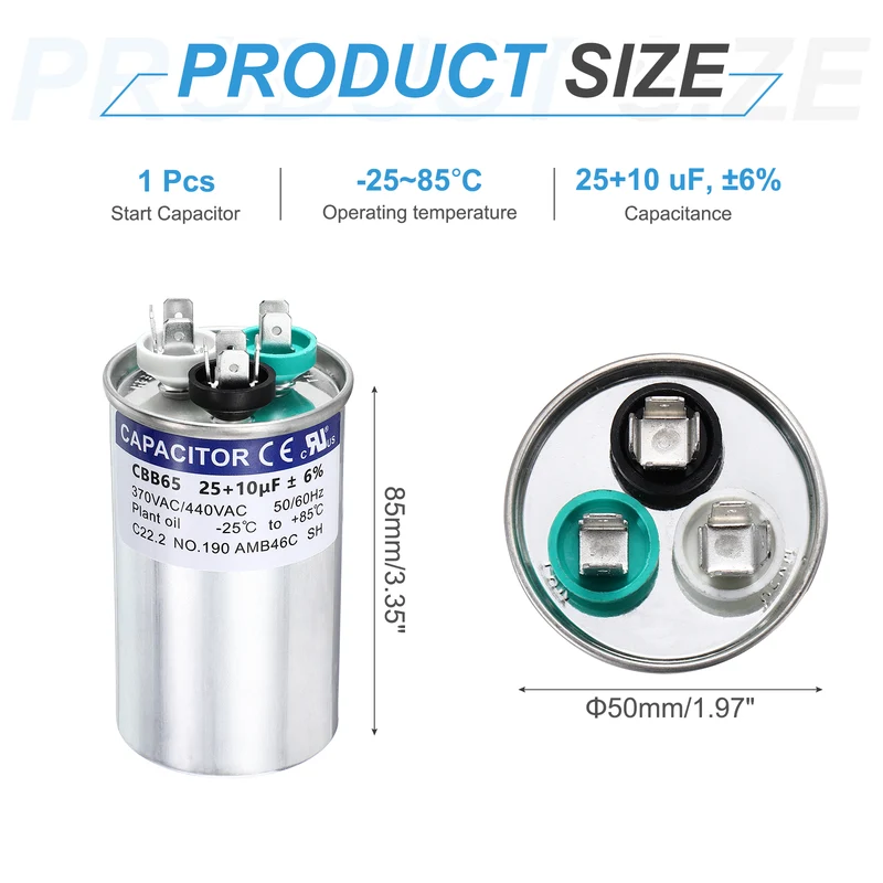 25+10MFD CBB65 Run Start Capacitor 25+10uF, 370/440V Round AC Capacitor
