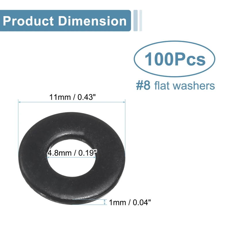 100Pcs #8 Stainless Steel Flat Washers 4.8mm ID x 11mm OD x 1mm Thick)