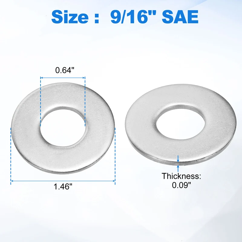 10Pcs 9/16" Stainless Steel SAE Flat Washers 0.64" IDx1.46" ODx0.09" Thick
