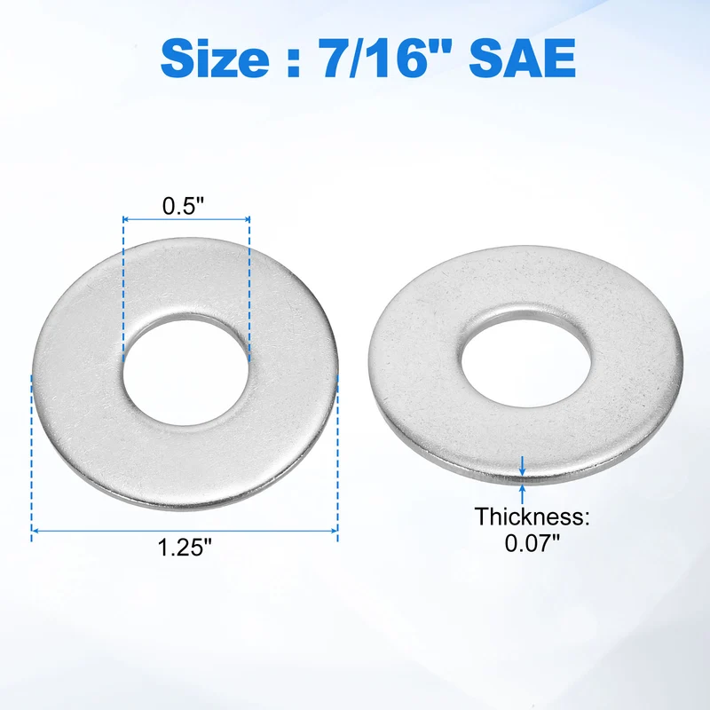 50Pcs 7/16" Stainless Steel SAE Flat Washers, 0.5" IDx1.25" ODx0.07" Thick