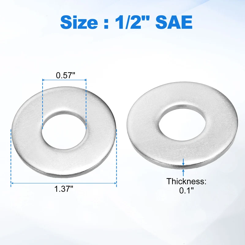 10Pcs 1/2" Stainless Steel SAE Flat Washers, 0.57" IDx1.37" ODx0.1" Thick