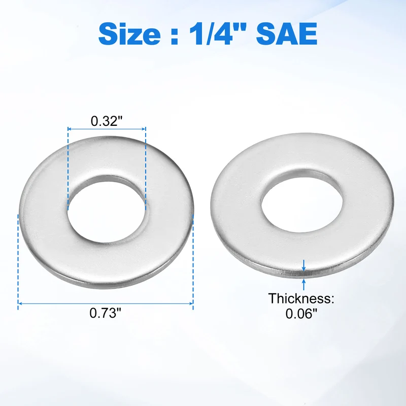 50Pcs 1/4" Stainless Steel SAE Flat Washers, 0.32" IDx0.73" ODx0.06" Thick