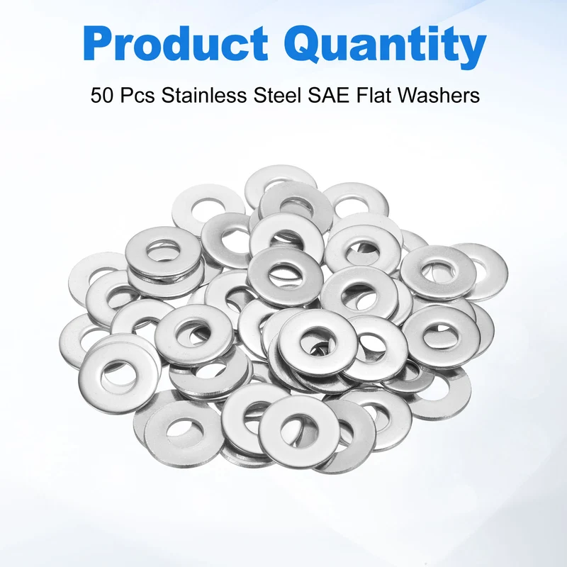 50Pcs 1/4" Stainless Steel SAE Flat Washers, 0.32" IDx0.73" ODx0.06" Thick