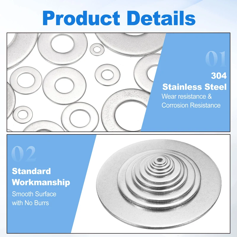 50Pcs 1/4" Stainless Steel SAE Flat Washers, 0.32" IDx0.73" ODx0.06" Thick