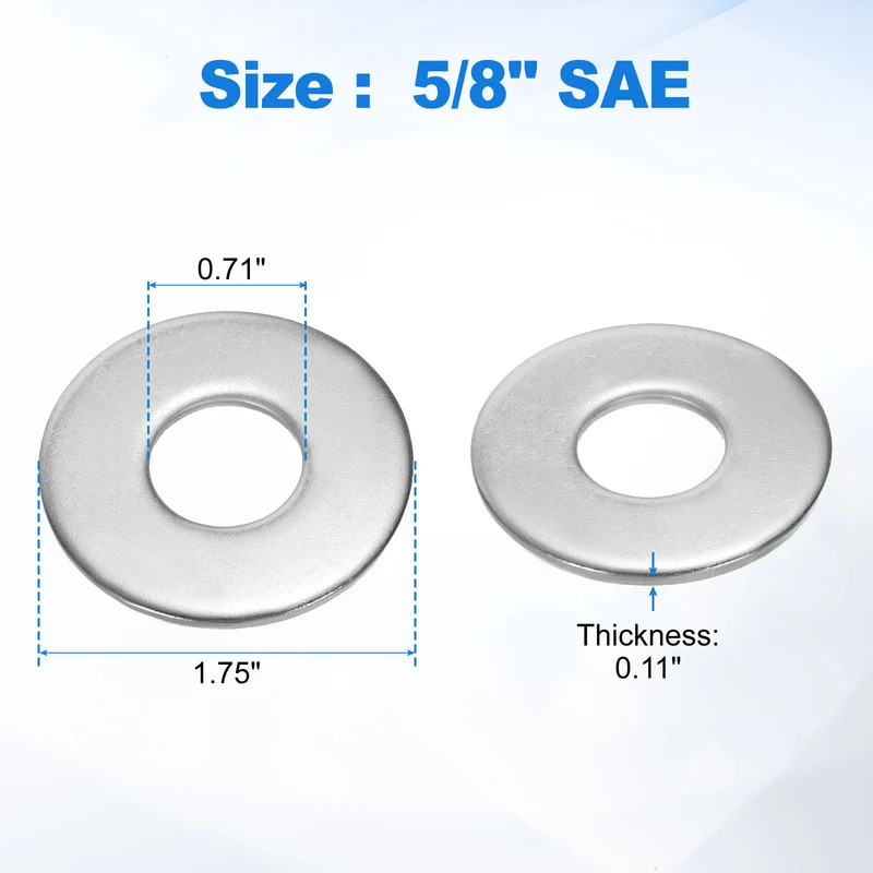 10Pcs 5/8" Stainless Steel SAE Flat Washers 0.71" ID x 1.75" OD x 0.11" Thick)