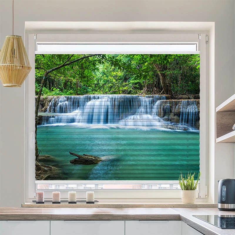 Wabenplissee Motiv "Wasserfall im Wald"