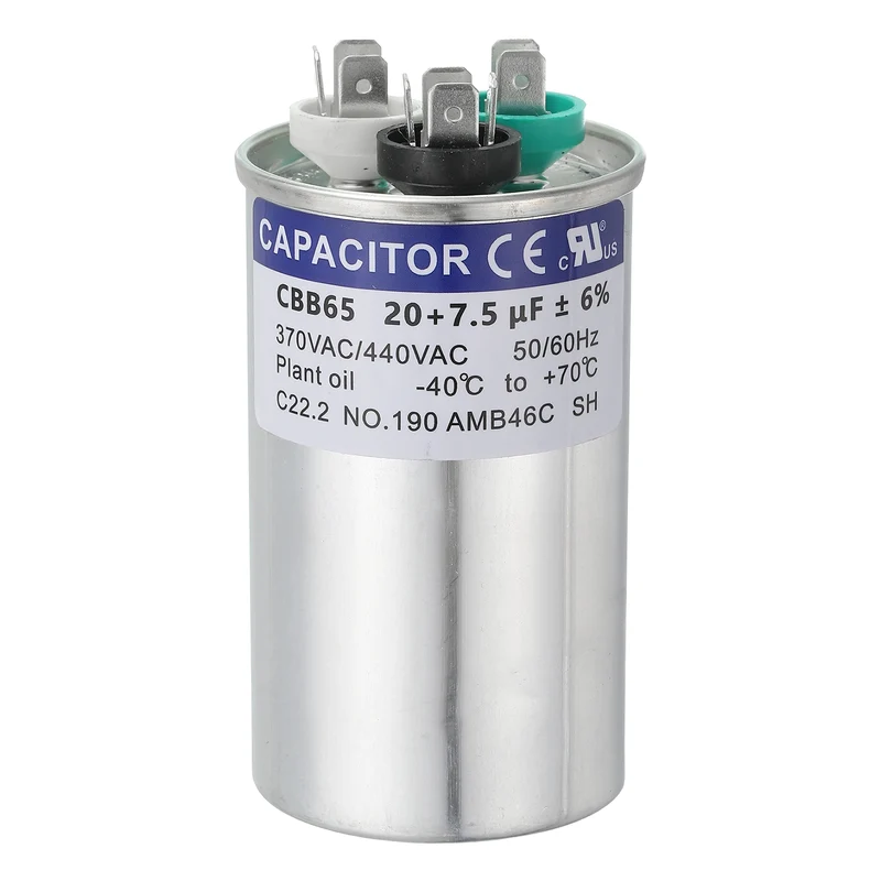 CBB65 Capacitor, 20+7.5uF 370-440 VAC 50/60Hz Aluminium Round Capacitor