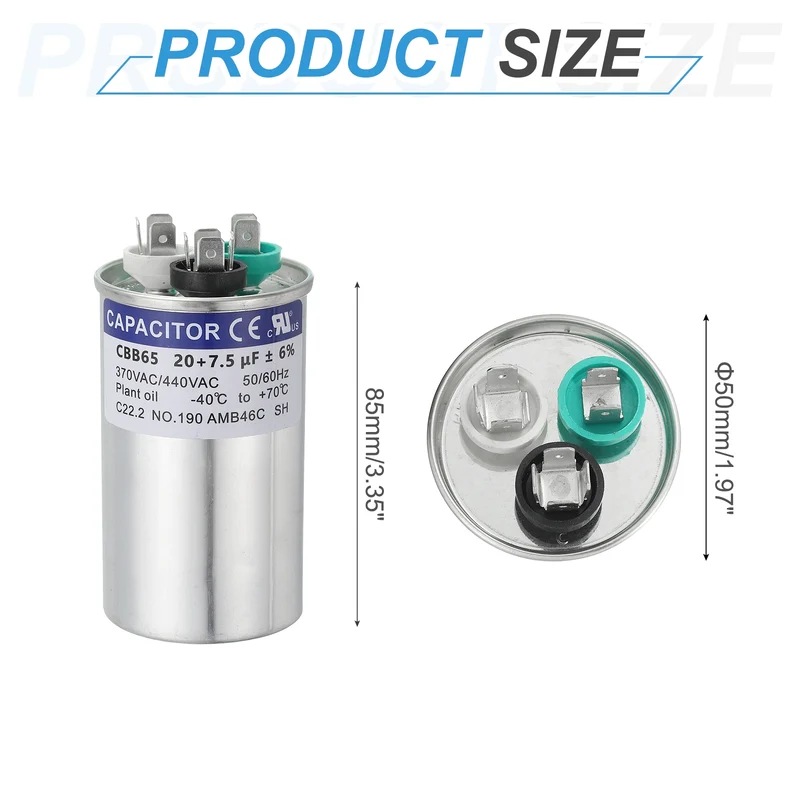 CBB65 Capacitor, 20+7.5uF 370-440 VAC 50/60Hz Aluminium Round Capacitor