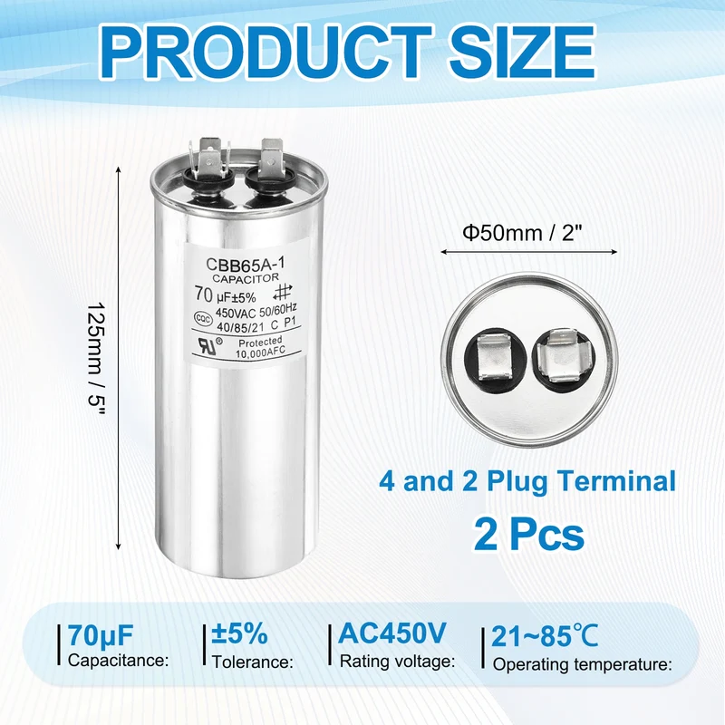 2 Pcs CBB65 Run Capacitor, Aluminum Case, 450V 70 F 5%